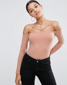 Топ с решетчатой горловиной и длинными рукавами ASOS - Stone