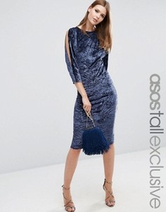 Бархатное облегающее платье миди с вырезами на плечах ASOS TALL - Серый
