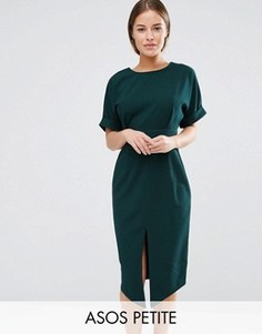 Строгое тканое платье с V-образным вырезом на спине и разрезом ASOS PETITE - Зеленый