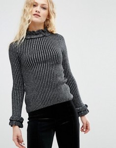 Джемпер в рубчик с эффектом металлик и оборками ASOS - Черный