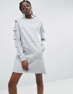 Платье-свитшот с разрезами на рукавах и необработанными краями ASOS - Серый
