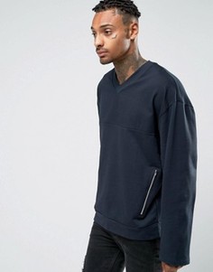 Oversize-свитшот с V-образным вырезом, тканой вставкой и молниями ASOS - Темно-синий