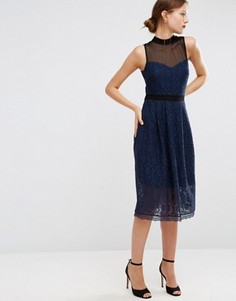 Кружевное приталенное платье миди с сетчатой горловиной ASOS - Мульти