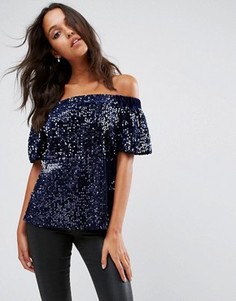 Бархатный топ с открытыми плечами и пайетками ASOS - Темно-синий