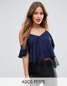 Атласный топ с открытыми плечами и кружевным низом ASOS PETITE - Темно-синий