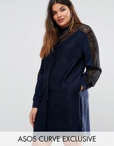 Платье-рубашка с кружевными вставками ASOS CURVE Premium - Темно-синий