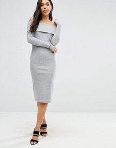 Облегающее платье миди в рубчик с открытыми плечами ASOS - Серый