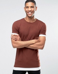 Длинная каштановая футболка с контрастными манжетами и кромкой ASOS - Красный
