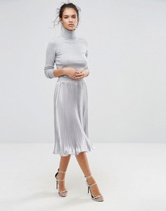 Плиссированная атласная юбка миди Boohoo - Серебряный
