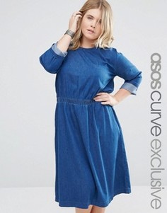 Приталенное джинсовое платье миди с рукавами 3/4 ASOS CURVE - Синий