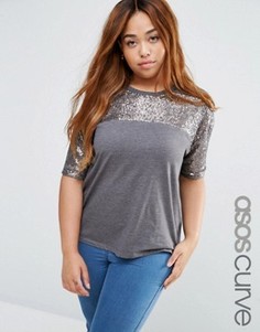Свободная футболка с расшитой пайетками кокеткой ASOS CURVE - Серый