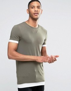 Удлиненная футболка цвета хаки с контрастными манжетам и низом ASOS - Зеленый