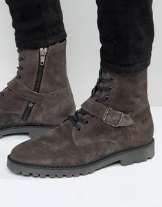 Серые замшевые ботинки на шнуровке с ремешками ASOS - Серый