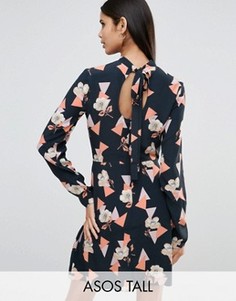 Короткое приталенное платье с открытой спиной и цветочным принтом ASOS TALL - Мульти