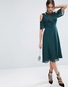 Платье миди с открытыми плечами, кружевом и пуговицами ASOS - Зеленый