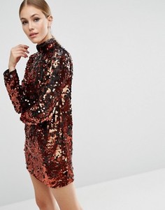 Цельнокройное платье мини с высоким воротом и пайетками ASOS - Медный