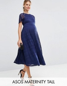 Кружевное платье миди для беременных с рукавами-бабочка ASOS Maternity TALL - Синий