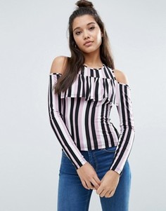 Топ в широкую полоску с открытыми плечами и оборкой ASOS - Мульти