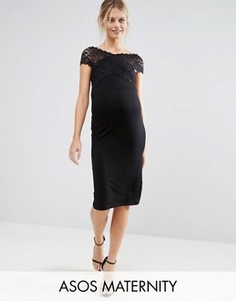 Платье миди для беременных со спущенными плечами и кружевом ASOS Maternity - Черный