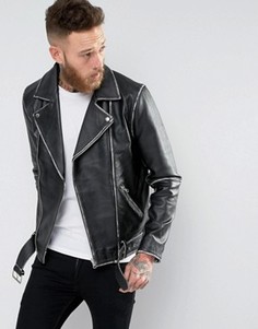 Черная кожаная байкерская куртка в винтажном стиле с поясом ASOS - Черный