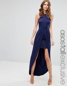 Платье мини с глубоким вырезом сзади и накладкой макси ASOS TALL - Темно-синий