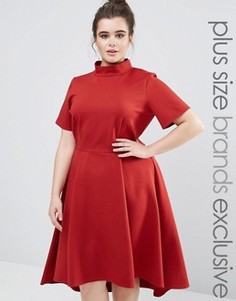 Платье миди асимметричной длины с короткими рукавами и высокой горловиной Closet Plus - Красный