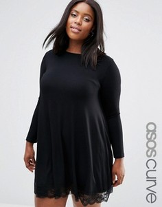 Свободное платье с длинными рукавами и кружевной кромкой ASOS CURVE - Черный