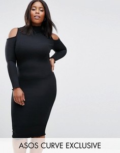Облегающее платье в рубчик с открытыми плечами и оборками ASOS CURVE Premium - Черный