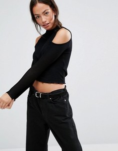 Топ в рубчик с вырезами на плечах New Look - Черный