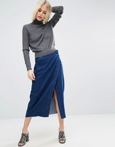 Темная джинсовая юбка миди с запахом ASOS - Синий