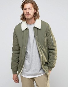 Тренерская куртка хаки на подкладке борг ASOS - Зеленый