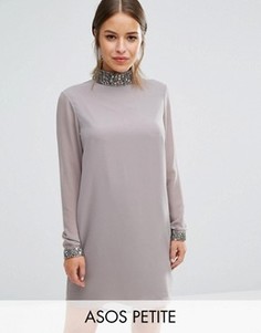 Цельнокройное платье с отделкой пайетками на горловине ASOS PETITE - Серый