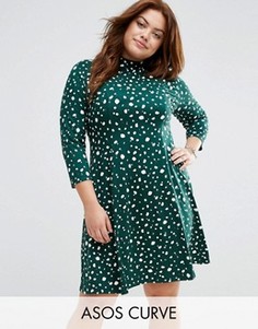 Короткое приталенное платье в горошек с высокой горловиной ASOS CURVE - Мульти