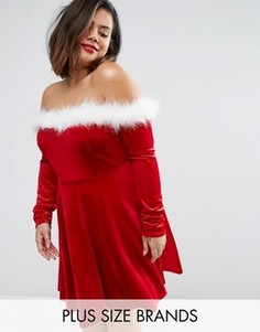 Новогоднее приталенное платье с широким вырезом Club L Plus Sexy Santa - Красный