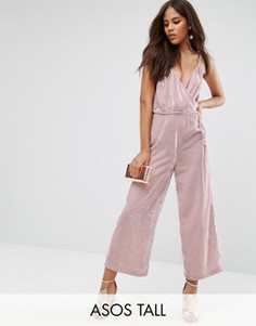 Бархатный комбинезон с запахом спереди и поясом ASOS TALL - Розовый