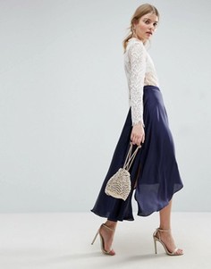 Атласная юбка миди с разрезами ASOS - Темно-синий