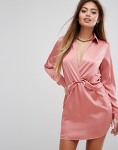 Атласное платье-рубашка с отделкой спереди PrettyLittleThing - Розовый