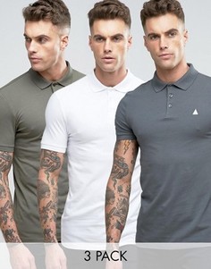 Набор из 3 футболок-поло белого, серого и зеленого цвета ASOS, СКИДКА - Мульти