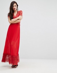 Плиссированное платье миди с кружевной отделкой лифа Bodyfrock - Красный