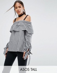 Хлопковый топ в клеточку с открытыми плечами и завязками ASOS TALL - Мульти