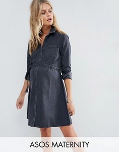 Джинсовое выбеленное платье-рубашка с поясом ASOS Maternity - Черный