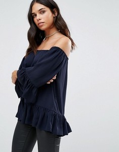 Топ с открытыми плечами и оборкой Y.A.S Silje - Синий