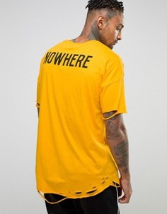 Длинная oversize-футболка с принтом на спине и состаренной кромкой ASOS - Желтый