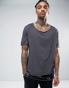 Длинная футболка с глубоким вырезом и рваной отделкой по краю рукавов и низа ASOS - Черный