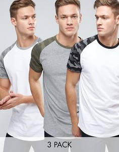 3 футболки с камуфляжным принтом на рукавах реглан Jack &amp; Jones Originals - СО СКИДКОЙ - Мульти