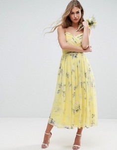 Присборенное платье миди с цветочным принтом ASOS WEDDING - Мульти