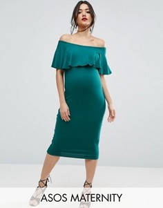 Платье-футляр миди с вырезом лодочкой и оборкой ASOS Maternity - Зеленый