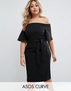 Платье миди с открытыми плечами и поясом ASOS CURVE - Черный