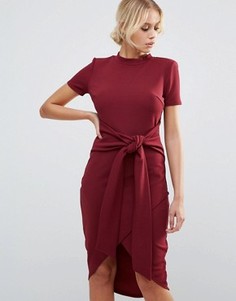 Бордовое платье миди с короткими рукавами и поясом Club L Office - Красный