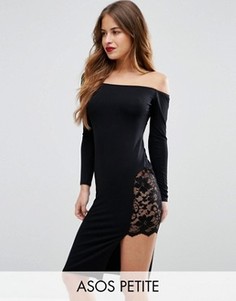 Платье миди с широким вырезом и кружевной отделкой на бедре ASOS PETITE - Черный